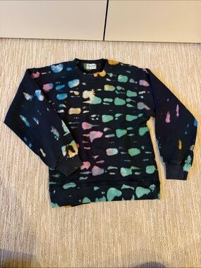 Cotton Citizen Black Crewneck Sweater with Multicolor Tie-Dye Spots